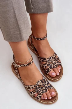 Hot Skórzane Sandały Damskie Na Płaskim Obcasie Panterka Zazoo 3688 Brązowe Damskie Sandały Płaskie
