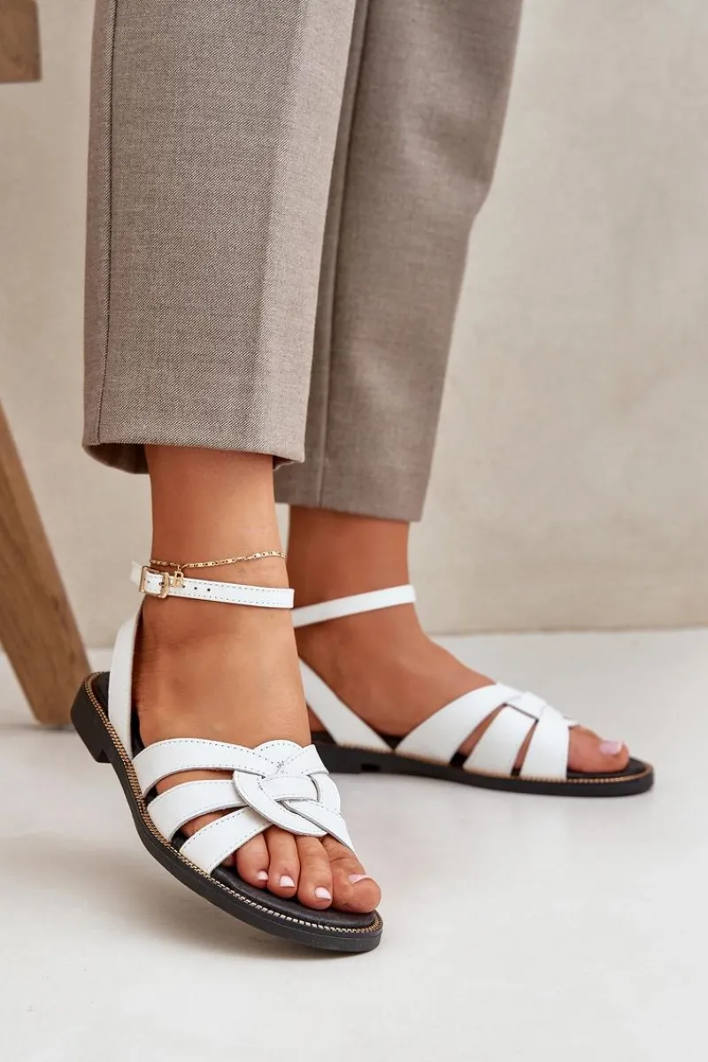 Best Boto Skórzane Sandały Damskie Na Płaskim Obcasie Zazoo 3688 Białe Biały