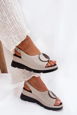 Best Damskie buty S.Barski Skórzane Sandały Damskie Na Koturnie Z Ozdobą S.Barski LR51-788 Beżowe