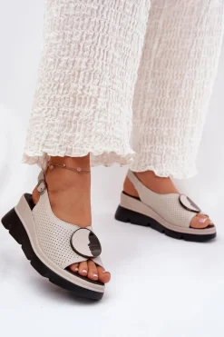 Best Damskie buty S.Barski Skórzane Sandały Damskie Na Koturnie Z Ozdobą S.Barski LR51-788 Beżowe