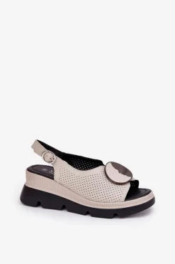 Best Damskie buty S.Barski Skórzane Sandały Damskie Na Koturnie Z Ozdobą S.Barski LR51-788 Beżowe