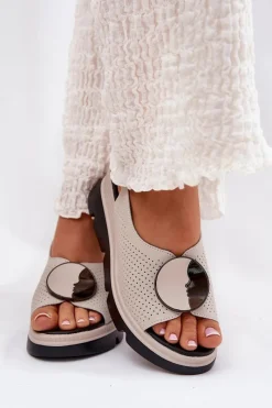 Best Damskie buty S.Barski Skórzane Sandały Damskie Na Koturnie Z Ozdobą S.Barski LR51-788 Beżowe