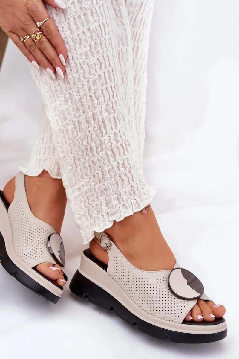 Best Damskie buty S.Barski Skórzane Sandały Damskie Na Koturnie Z Ozdobą S.Barski LR51-788 Beżowe