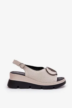 Best Damskie buty S.Barski Skórzane Sandały Damskie Na Koturnie Z Ozdobą S.Barski LR51-788 Beżowe