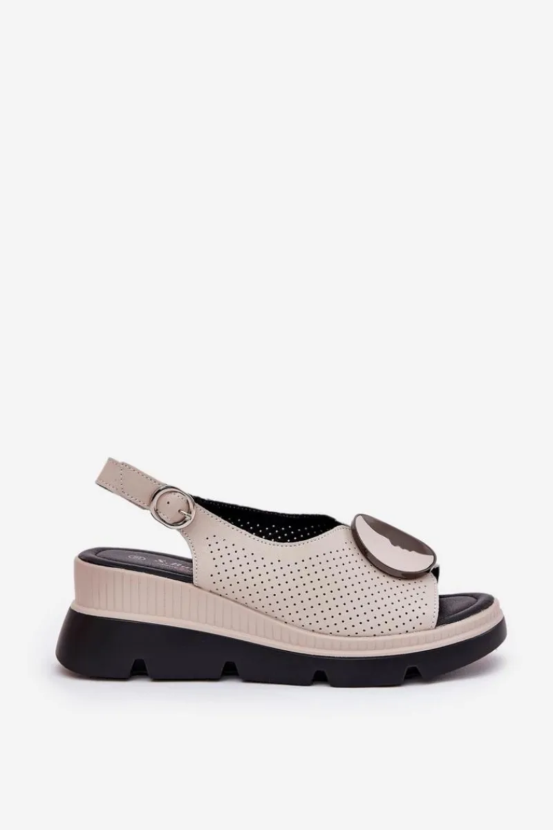 Best Damskie buty S.Barski Skórzane Sandały Damskie Na Koturnie Z Ozdobą S.Barski LR51-788 Beżowe