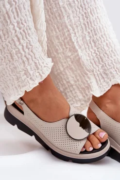 Best Damskie buty S.Barski Skórzane Sandały Damskie Na Koturnie Z Ozdobą S.Barski LR51-788 Beżowe