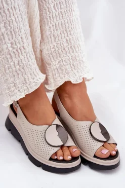 Best Damskie buty S.Barski Skórzane Sandały Damskie Na Koturnie Z Ozdobą S.Barski LR51-788 Beżowe