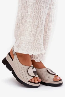 Best Damskie buty S.Barski Skórzane Sandały Damskie Na Koturnie Z Ozdobą S.Barski LR51-788 Beżowe