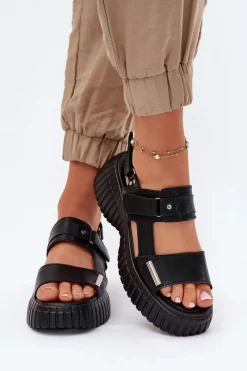 New Skórzane Sandały Damskie Na Platformie Czarne Mertella Damskie Sandały Płaskie