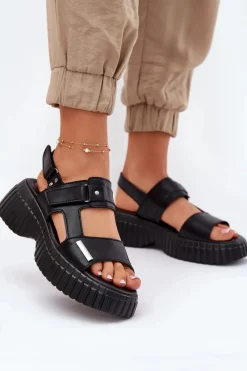New Skórzane Sandały Damskie Na Platformie Czarne Mertella Damskie Sandały Płaskie