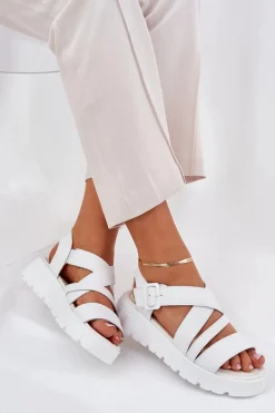 Sandały Na Koturnie|Sandały Płaskie>Evento Skórzane Sandały Damskie Na Platformie Z Klamrą Białe Selianae
