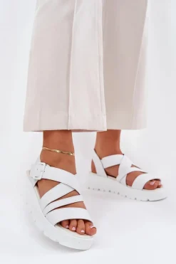 Sandały Na Koturnie|Sandały Płaskie>Evento Skórzane Sandały Damskie Na Platformie Z Klamrą Białe Selianae