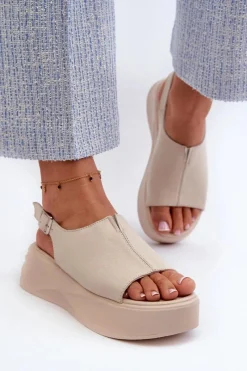 Clearance Damskie buty S.Barski Skórzane Sandały Damskie Na Platformie D&A SJ2301-2 Beżowe