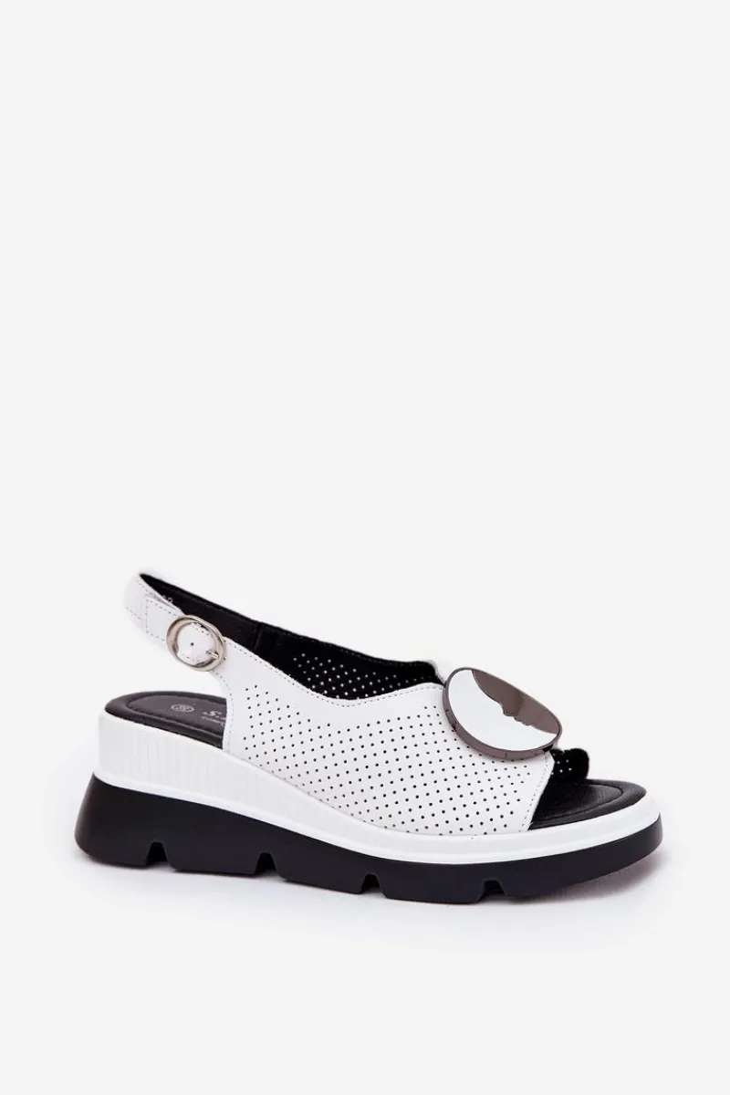 Online Skórzane Sandały Damskie Na Koturnie Z Ozdobą S.Barski LR51-788 Białe Damskie Sandały Na Koturnie