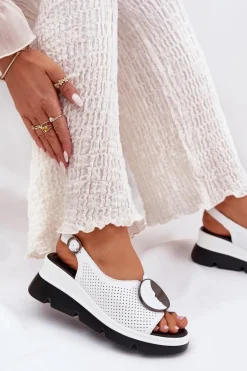 Online Skórzane Sandały Damskie Na Koturnie Z Ozdobą S.Barski LR51-788 Białe Damskie Sandały Na Koturnie