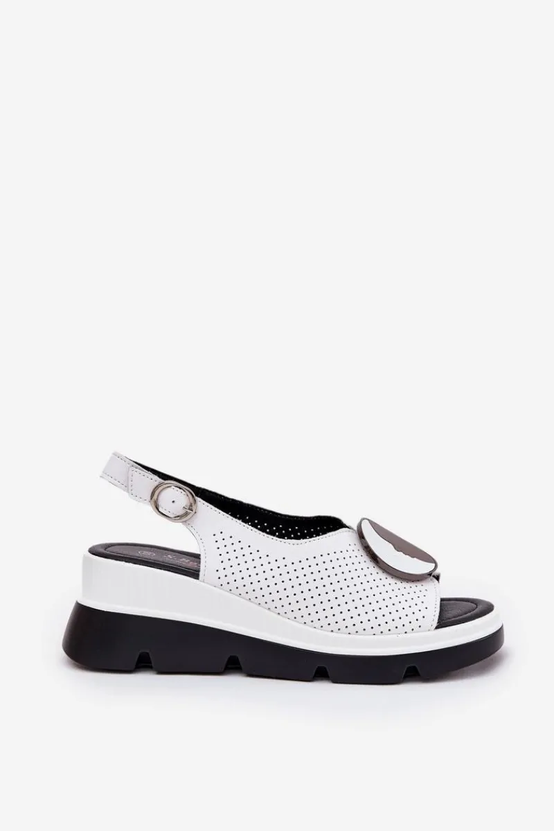 Online Skórzane Sandały Damskie Na Koturnie Z Ozdobą S.Barski LR51-788 Białe Damskie Sandały Na Koturnie