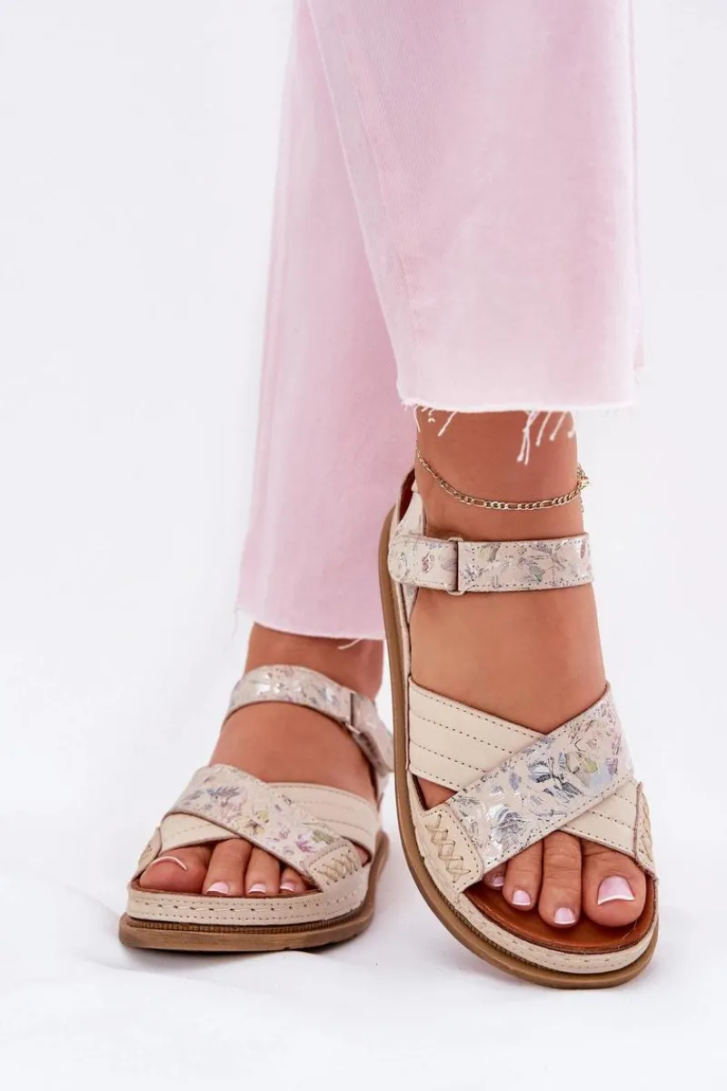 Sandały Płaskie>Maciejka Skórzane Sandały Damskie Na Platformie L7064-37 Ecru Beżowy