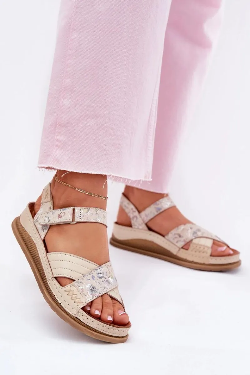 Sandały Płaskie>Maciejka Skórzane Sandały Damskie Na Platformie L7064-37 Ecru Beżowy
