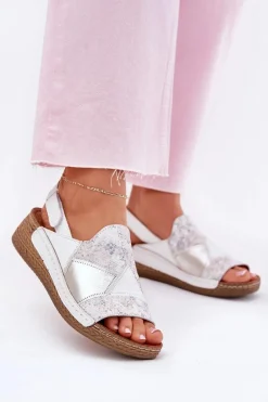 Clearance Skórzane Sandały Damskie Na Koturnie Z Plecionką L7067-11 Białe Damskie Sandały Na Koturnie