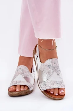 Clearance Skórzane Sandały Damskie Na Koturnie Z Plecionką L7067-11 Białe Damskie Sandały Na Koturnie