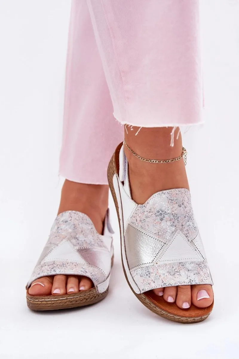 Clearance Skórzane Sandały Damskie Na Koturnie Z Plecionką L7067-11 Białe Damskie Sandały Na Koturnie