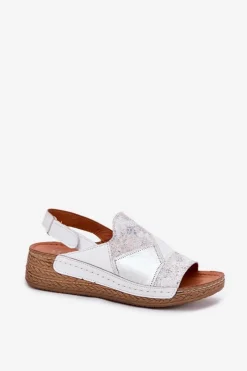 Clearance Skórzane Sandały Damskie Na Koturnie Z Plecionką L7067-11 Białe Damskie Sandały Na Koturnie