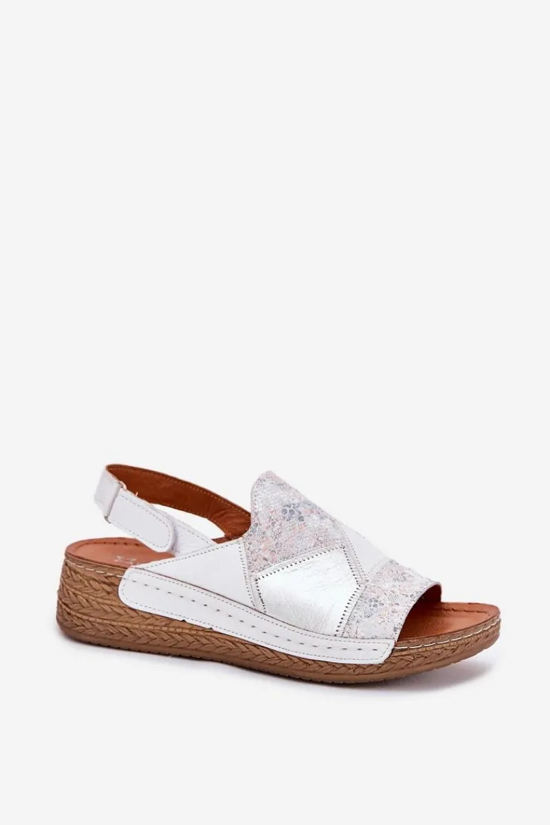 Clearance Skórzane Sandały Damskie Na Koturnie Z Plecionką L7067-11 Białe Damskie Sandały Na Koturnie