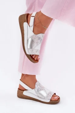 Clearance Skórzane Sandały Damskie Na Koturnie Z Plecionką L7067-11 Białe Damskie Sandały Na Koturnie