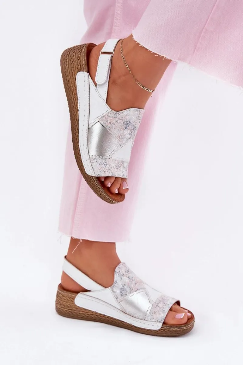 Clearance Skórzane Sandały Damskie Na Koturnie Z Plecionką L7067-11 Białe Damskie Sandały Na Koturnie