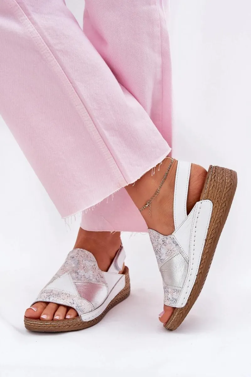 Clearance Skórzane Sandały Damskie Na Koturnie Z Plecionką L7067-11 Białe Damskie Sandały Na Koturnie