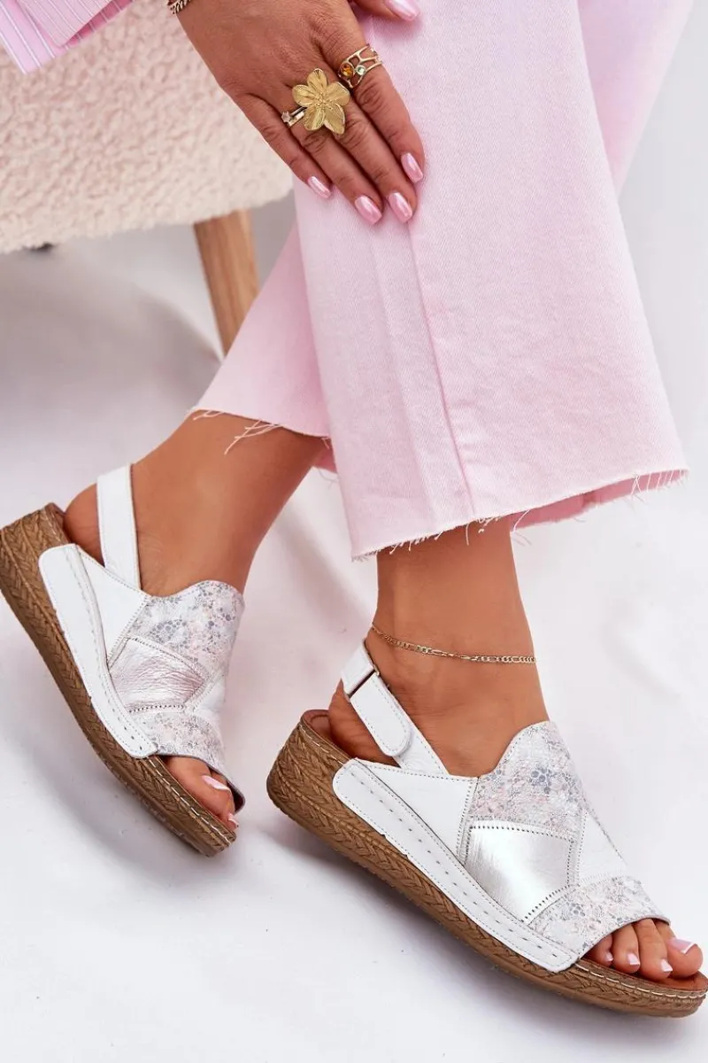 Clearance Skórzane Sandały Damskie Na Koturnie Z Plecionką L7067-11 Białe Damskie Sandały Na Koturnie