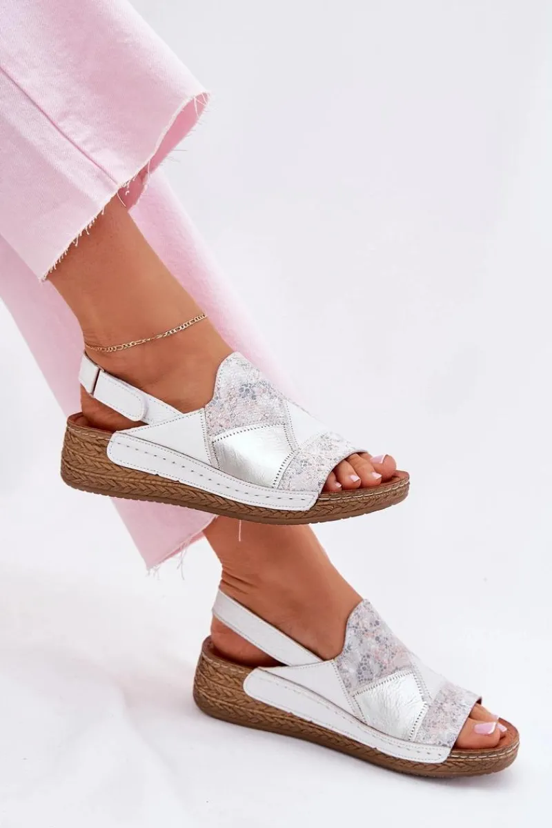 Clearance Skórzane Sandały Damskie Na Koturnie Z Plecionką L7067-11 Białe Damskie Sandały Na Koturnie