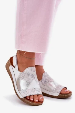 Clearance Skórzane Sandały Damskie Na Koturnie Z Plecionką L7067-11 Białe Damskie Sandały Na Koturnie