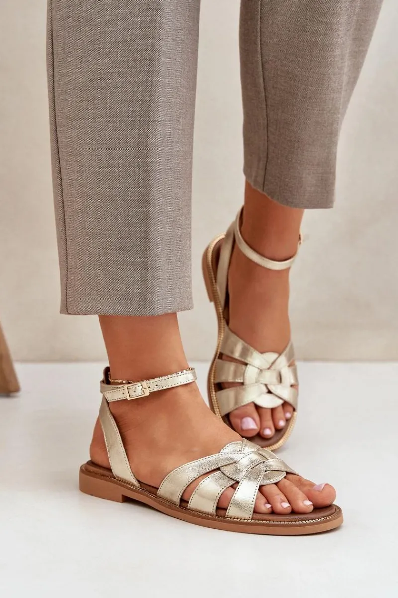 Sandały Płaskie>Boto Skórzane Sandały Damskie Na Płaskim Obcasie Zazoo 3688 Złote Złoty