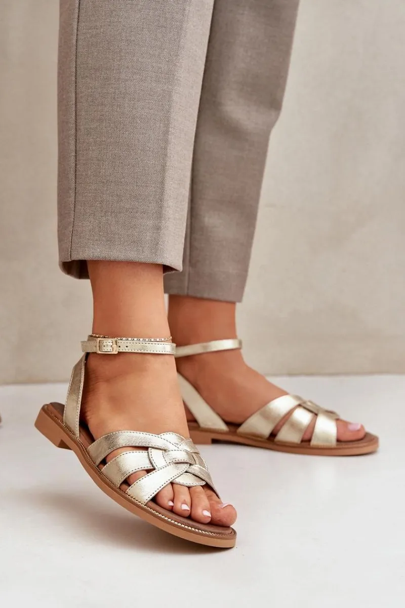 Sandały Płaskie>Boto Skórzane Sandały Damskie Na Płaskim Obcasie Zazoo 3688 Złote Złoty