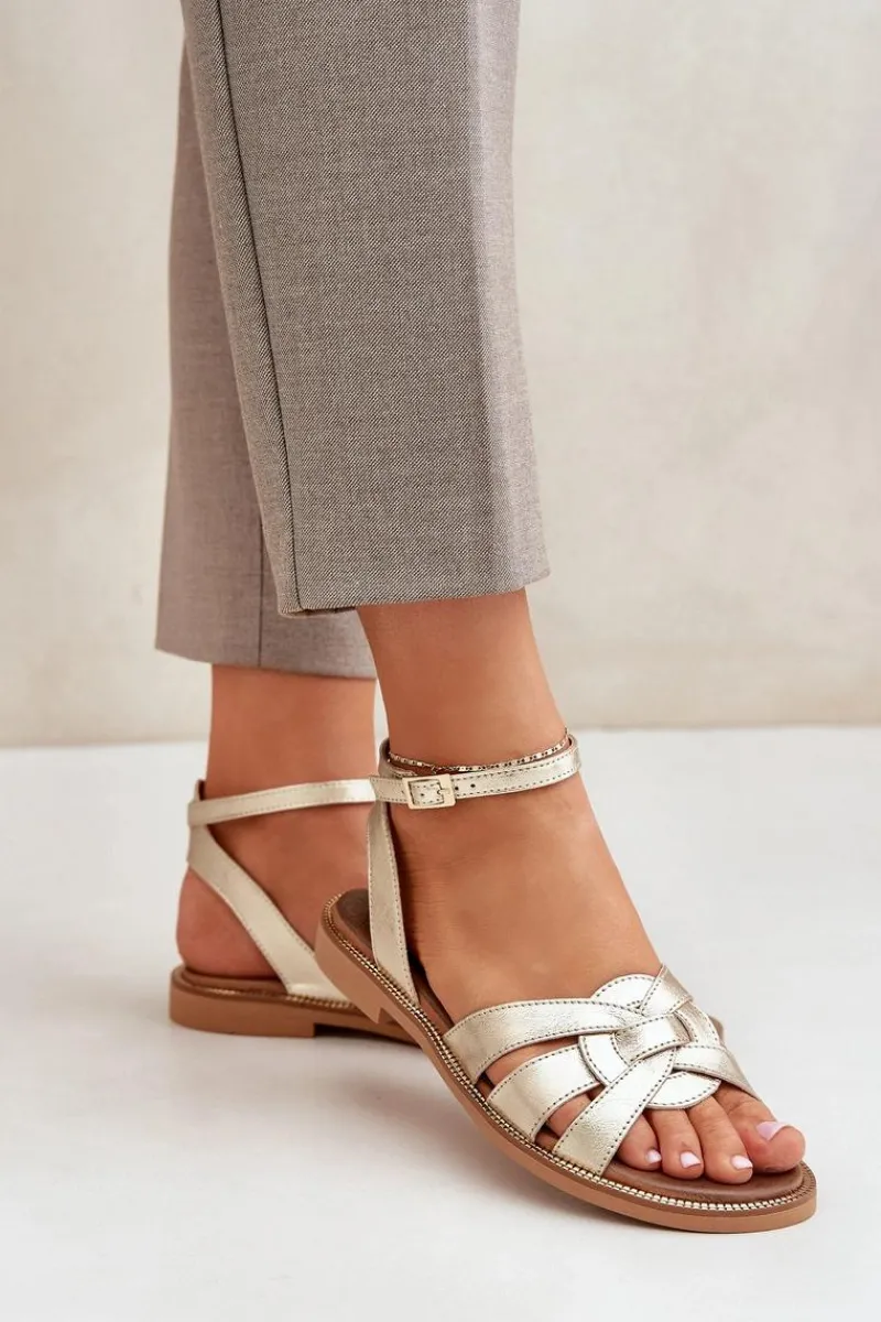 Sandały Płaskie>Boto Skórzane Sandały Damskie Na Płaskim Obcasie Zazoo 3688 Złote Złoty