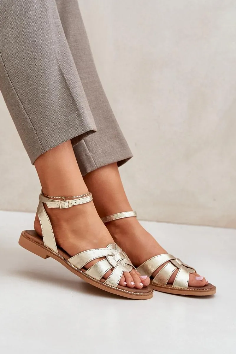 Sandały Płaskie>Boto Skórzane Sandały Damskie Na Płaskim Obcasie Zazoo 3688 Złote Złoty