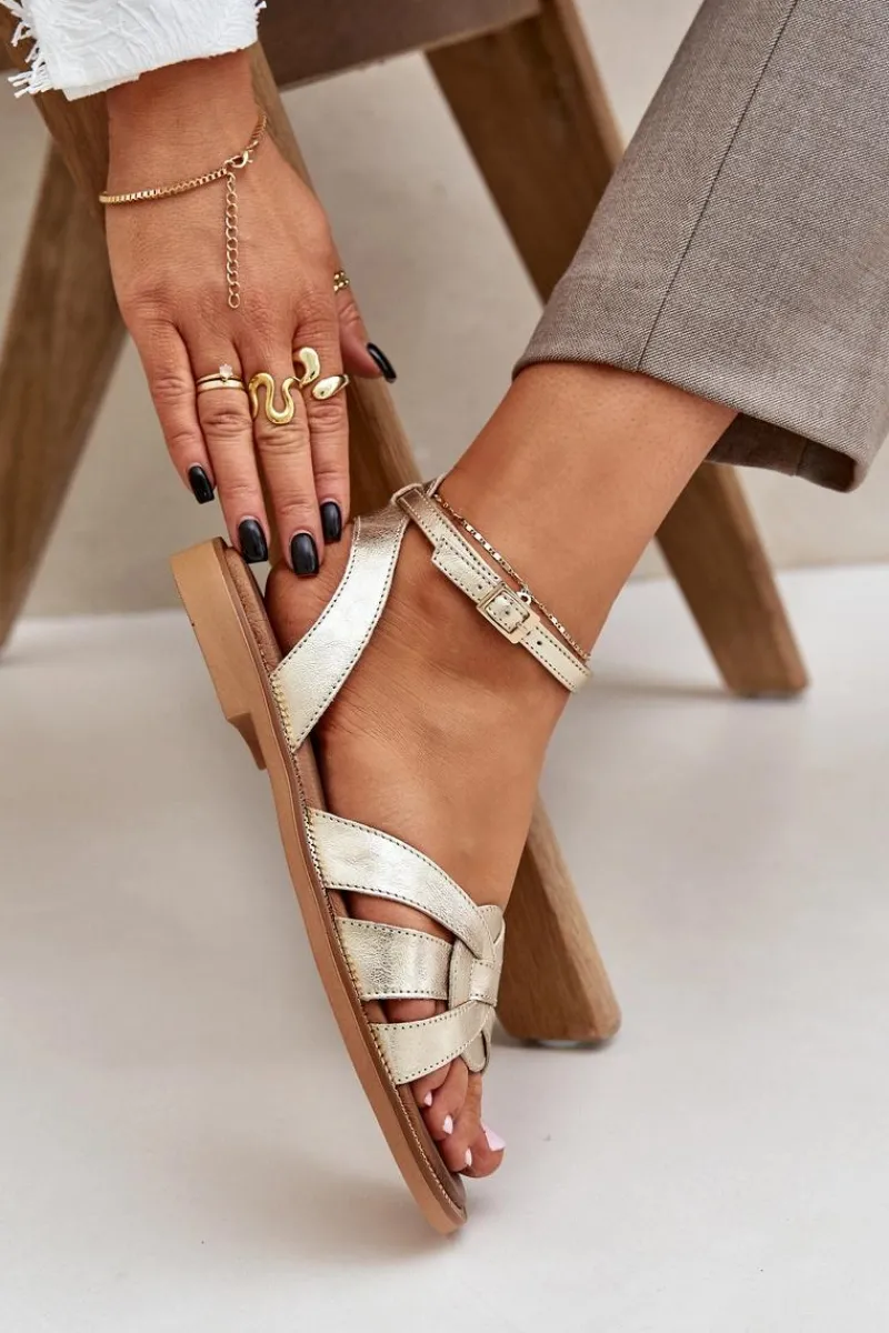 Sandały Płaskie>Boto Skórzane Sandały Damskie Na Płaskim Obcasie Zazoo 3688 Złote Złoty