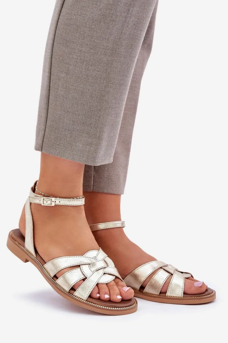 Sandały Płaskie>Boto Skórzane Sandały Damskie Na Płaskim Obcasie Zazoo 3688 Złote Złoty