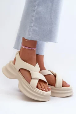 Outlet GOE Skórzane Sandały Damskie Na Masywnej Podeszwie Jasnobeżowe NN2N4105