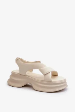 Outlet GOE Skórzane Sandały Damskie Na Masywnej Podeszwie Jasnobeżowe NN2N4105