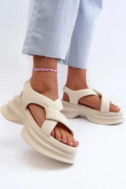 Outlet GOE Skórzane Sandały Damskie Na Masywnej Podeszwie Jasnobeżowe NN2N4105