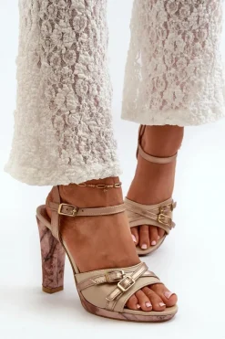 Skórzane Sandały Damskie Na Słupku 06564-22 Beżowo-Złote Damskie Sandały Na Słupku|Sandały Na Obcasie