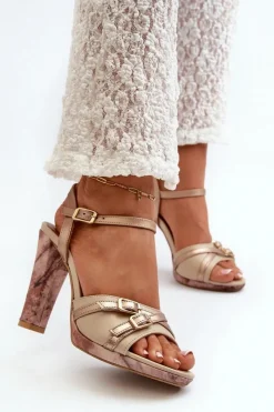 Skórzane Sandały Damskie Na Słupku 06564-22 Beżowo-Złote Damskie Sandały Na Słupku|Sandały Na Obcasie