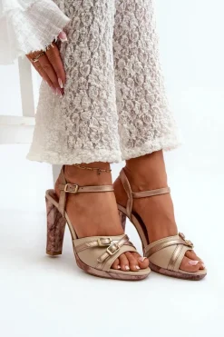 Skórzane Sandały Damskie Na Słupku 06564-22 Beżowo-Złote Damskie Sandały Na Słupku|Sandały Na Obcasie