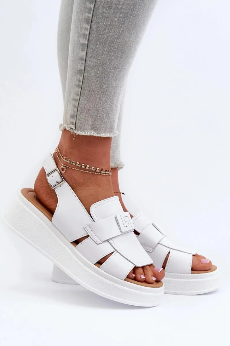 Hot Skórzane Sandały Damskie Na Platformie I Koturnie Białe Vivitellia Damskie Sandały Na Koturnie