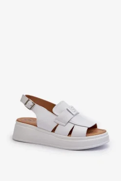 Hot Skórzane Sandały Damskie Na Platformie I Koturnie Białe Vivitellia Damskie Sandały Na Koturnie