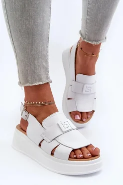 Hot Skórzane Sandały Damskie Na Platformie I Koturnie Białe Vivitellia Damskie Sandały Na Koturnie