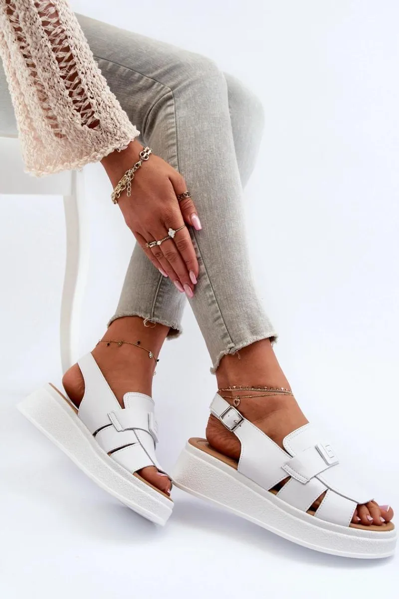 Hot Skórzane Sandały Damskie Na Platformie I Koturnie Białe Vivitellia Damskie Sandały Na Koturnie