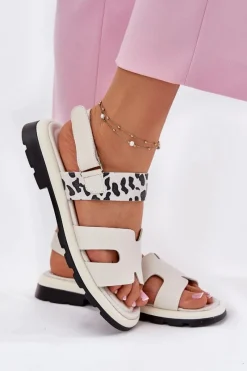 Sandały Płaskie>Buty damskie Vinceza Skórzane Sandały Damskie Na Płaskim Obcasie Panterka Vinceza 66780 Beżowe Beżowy